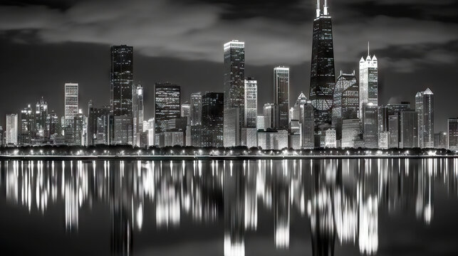 Chicago skyline at night with urban skyscrapers and lake reflection. Generative AI.