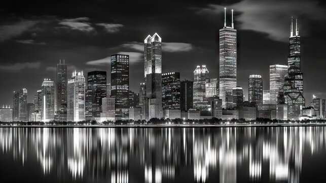 Chicago skyline at night with reflection in river, USA. Generative AI.