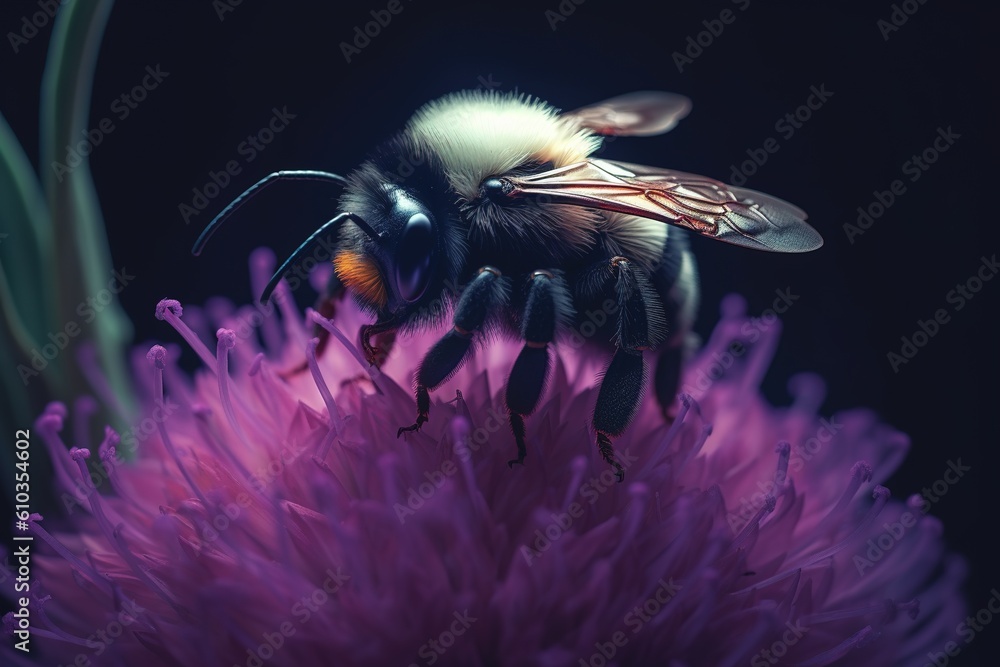 Poster a bee enjoying the view from atop a lilac bloom generative ai