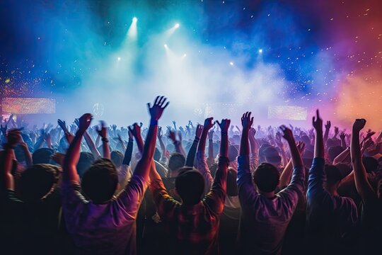 group of young people dancing and jumping to the beat of electronic music concert festival. Generative AI