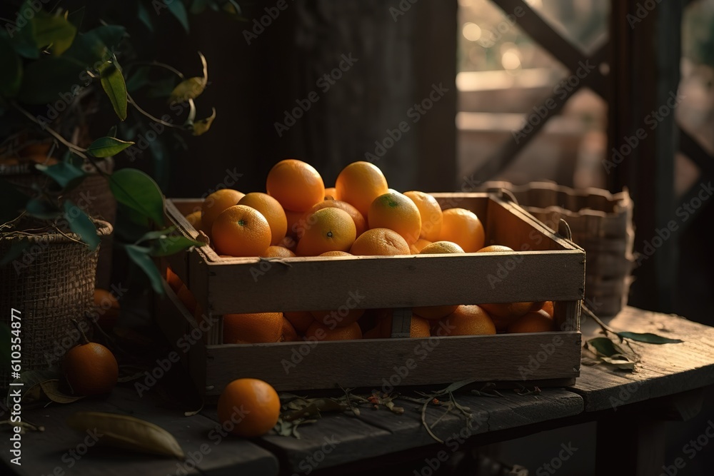 Poster a wooden table with a crate of oranges inside of it resting atop the table. generative ai