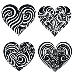 Set of decorative hearts, black and white. Vector
