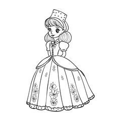Fototapeta premium Cute cartoon girl dressed ball dress and tiara outline for coloring on a white background
