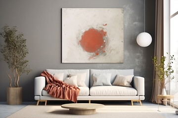 Interior design of living room with sofa, chest and mockup up poster, created with Generative AI