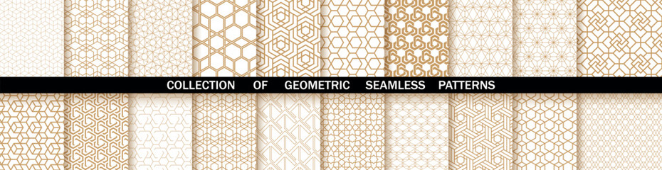 Geometric set of seamless gold and white patterns. Simpless vector graphics