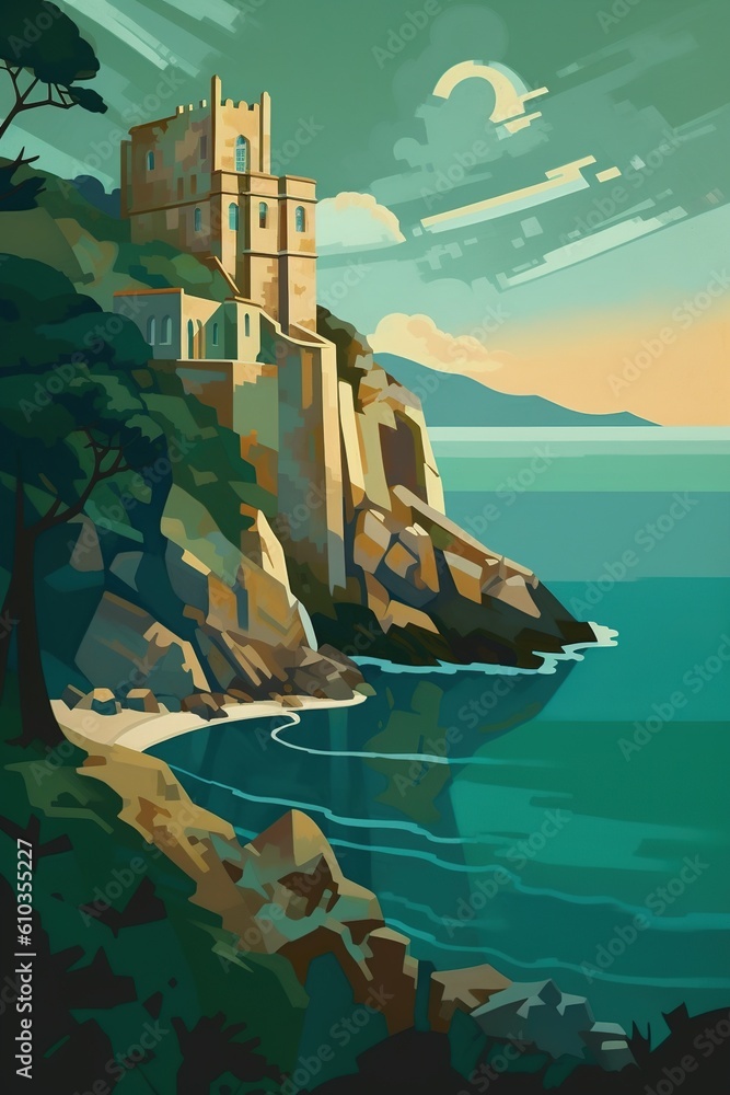 Poster an image of a castle perched on a rock overlooking the sea generative ai