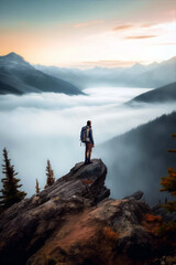 A hiker wearing mountaineering clothes and a backpack climbs to the top and sees beautiful nature and scenery in the mountains and forests with clouds and fog. Backpacking concept. Generative AI