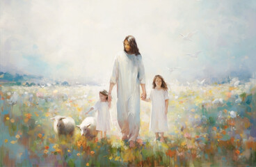 Illustration of Jesus Christ and sheep and happy children walking in a peaceful and beautiful flower field, oil painting on canvas, Generative AI
