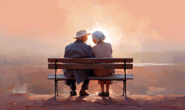 Elderly couple grandfather and grandmother sitting on bench and looking at beautiful evening sunset, family love, grandparents day and couples day concept. Generative AI
