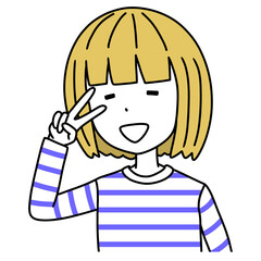 目の横でピースをする女性のイラスト