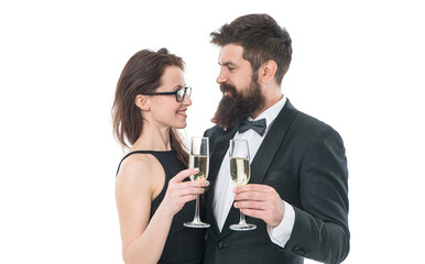 Falling in love. happy valentines day. couple in love. couple drink champagne. charity event for toffs. celebrate special occasion. confident and successful. tuxedo man with beard and elegant woman