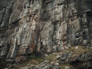 Fototapeta na wymiar Ungezähmte Natur: Steinige, geröllartige Felswand mit rauer, grauer Oberfläche und kantiger Struktur - ein Sinnbild der Wildheit und Stärke der Natur