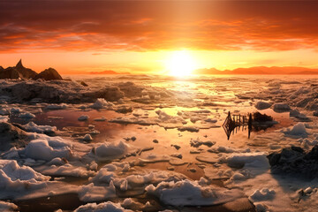 Aftermath of an end of a global warming, water with ice surrounding the city in the background, sunset. Generative AI