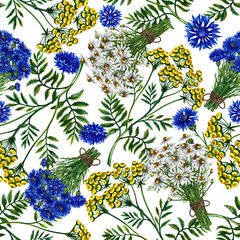 Seamless pattern with wild flowers of chamomile, cornflowers and tansy. Watercolor hand drawn illustration. On a white background. For design solutions for backgrounds, packaging, labels and textiles.