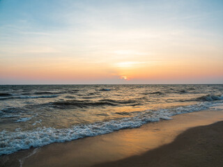 Panorama front viewpoint landscape travel summer sea wind wave cool on holiday calm coastal big sun set sky light orange golden Nature tropical Beautiful evening hour day At Bang san Beach Thailand.
