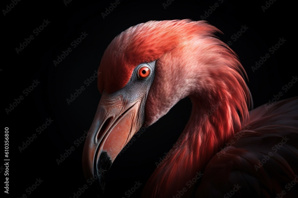 Poster a close-up of a flamingo, with a dark backdrop in the background. generative ai