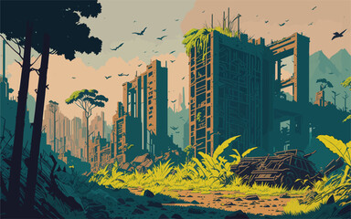 complex vector-style background image depicting a post-apocalyptic wasteland, with crumbling buildings, overgrown vegetation, and hints of a once thriving civilization. - obrazy, fototapety, plakaty