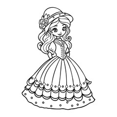 Fototapeta premium Cute cartoon girl dressed ball dress and tiara outline for coloring on a white background