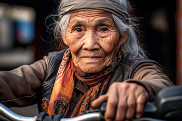 Portrait of unknowns Nepali old woman sitting on a motorcycle in the morning. Generative AI - obrazy, fototapety, plakaty