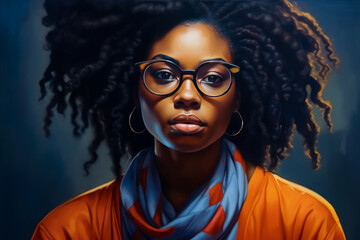 Portrait of a Young smart black African American business woman with glasses. Generative Ai.