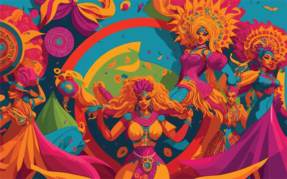 vector background image that showcases a vibrant carnival or festival, with intricate costumes, lively dancers, colorful decorations, and an atmosphere of celebration and joy.
