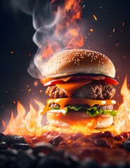 Juicy hamburger on fire hyper realistic photograph - Generated AI