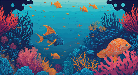 Fototapeta na wymiar vector style background image that captures the essence of underwater life, combining intricate coral reefs, vibrant marine creatures, and shimmering rays of light filtering through the ocean depths.