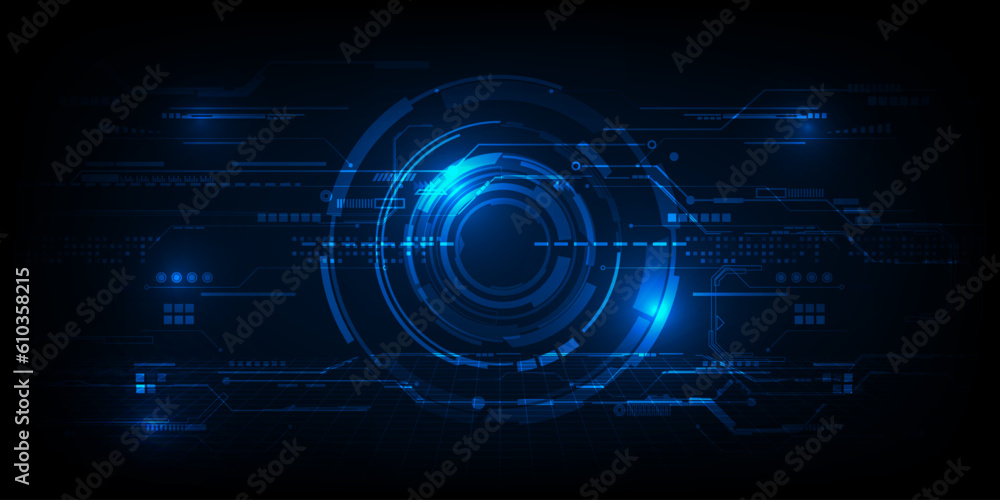 Poster vector illustrations of futuristic blue digital screen display and layout with digital hi tech eleme