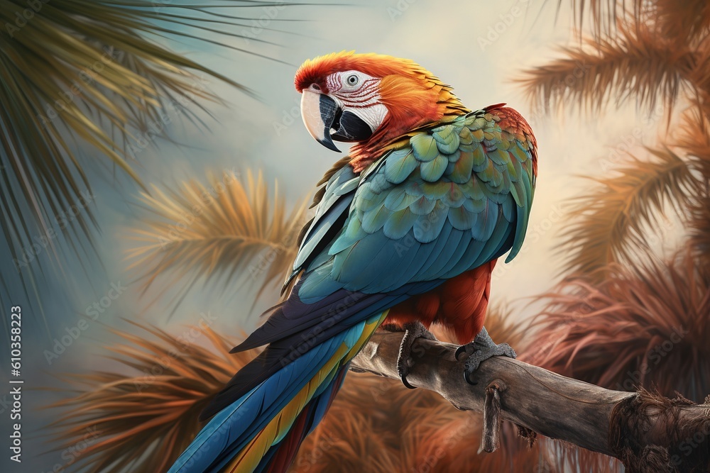 Poster a beautiful parrot sitting in the middle of a limb of a tree. generative ai