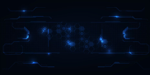 Vector illustrations of abstract blue digital hi tech background with glowing horizontal line and digital element circuit pattern.Digital communication innovation and technology concept.