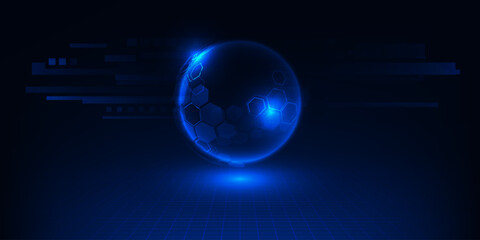 Vector illustrations of futuristic blue hologram globe floating on futuristic digital perspective ground.Digital communication innovation and technology concepts.