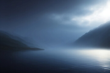 Dark foggy coastal landscape. Dawn on the sea bay, mountain peaks. Generative AI.