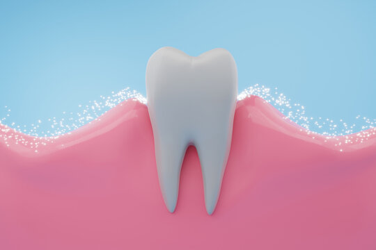Fluoride or toothpaste particle coating gums and root of teeth to protect decay and gums disease. 3D rendering.