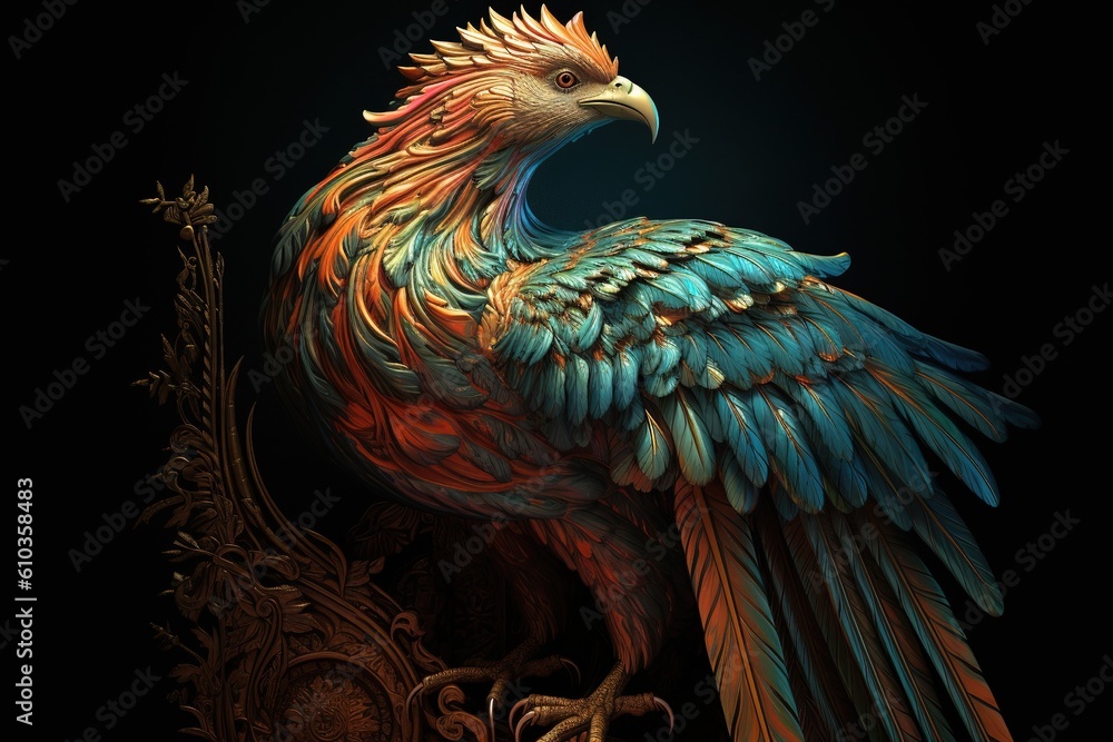 Poster a picture of a multicolored bird on a dark backdrop generative ai