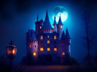 Creepy halloween castle with blue night light and full moon, simple illustration, many towers, generative AI