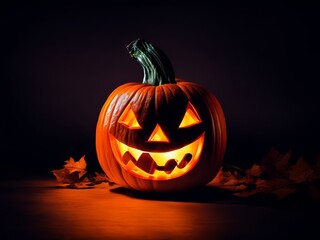 Frech grinsender Kürbis für Halloween, mit dunklem Hintergrund und Licht aus dem Kürbis, generative AI