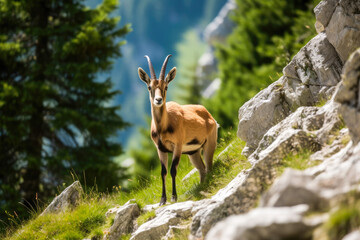 Naklejka na ściany i meble Lightly brown chamois living in the mountains, wildlife exploding in the Alps, beautiful background of the nature. Generative AI