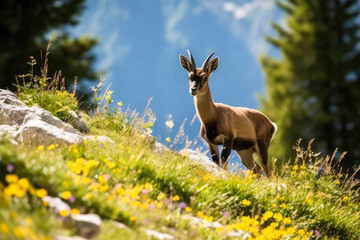 Lightly brown chamois living in the mountains, wildlife exploding in the Alps, beautiful background of the nature. Generative AI - obrazy, fototapety, plakaty
