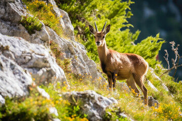 Naklejka na ściany i meble Lightly brown chamois living in the mountains, wildlife exploding in the Alps, beautiful background of the nature. Generative AI