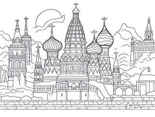 Obraz premium Captivating and engaging Moscow architecture-themed coloring illustration for children, immersing them in the beauty of Russia's iconic landmarks. Dive into creativity! (). Generative AI