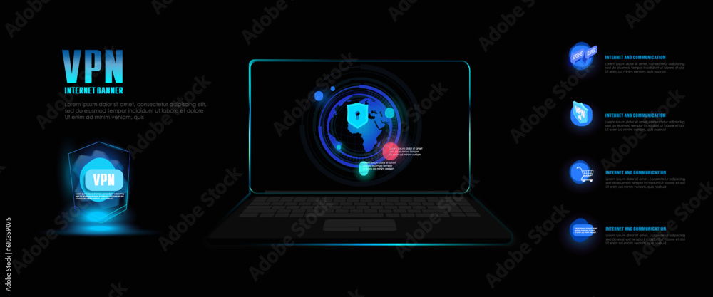 Poster laptop with electronic security system. vpn concept banner. protection and security electronic data 