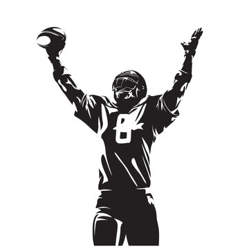 American football player celebrates touchdown, isolated vector silhouette, front view
