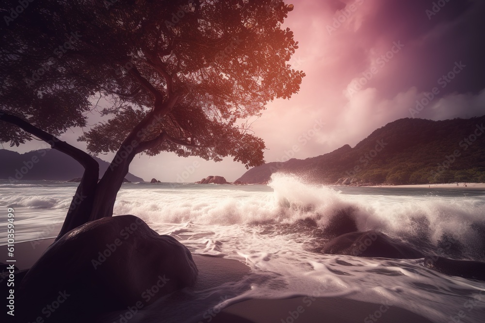 Poster a tree that is situated on a beach in front of which waves are breaking generative ai
