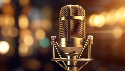 Gold microphone for podcast, music and radio. Generative IA