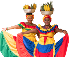 Happy smiling Palenquera fresh fruit street vendors of Cartagena, Colombia, isolated in transparent PNG. Cheerful Afro-Colombian women in traditional clothing, Colombian culture and lifestyle. 