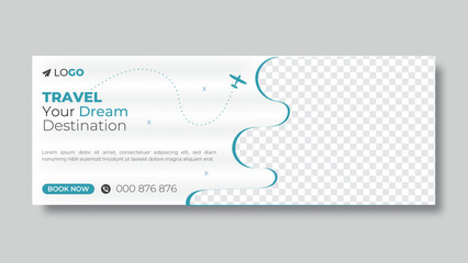 Modern abstract tour and travel Facebook  cover design and web banner template, blue color, perfect for travel agency.