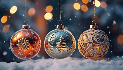 Christmas decoration background - Colorful Christmas balls with snow background, winter in December. Religion, Culture and Spirituality. Generative IA
