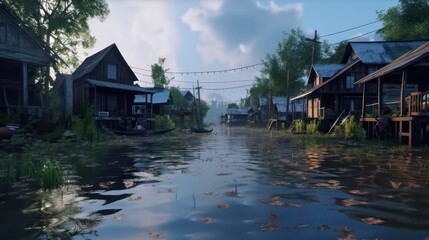 Fototapeta premium high water in the village.Flooding of houses and villages. Generative AI