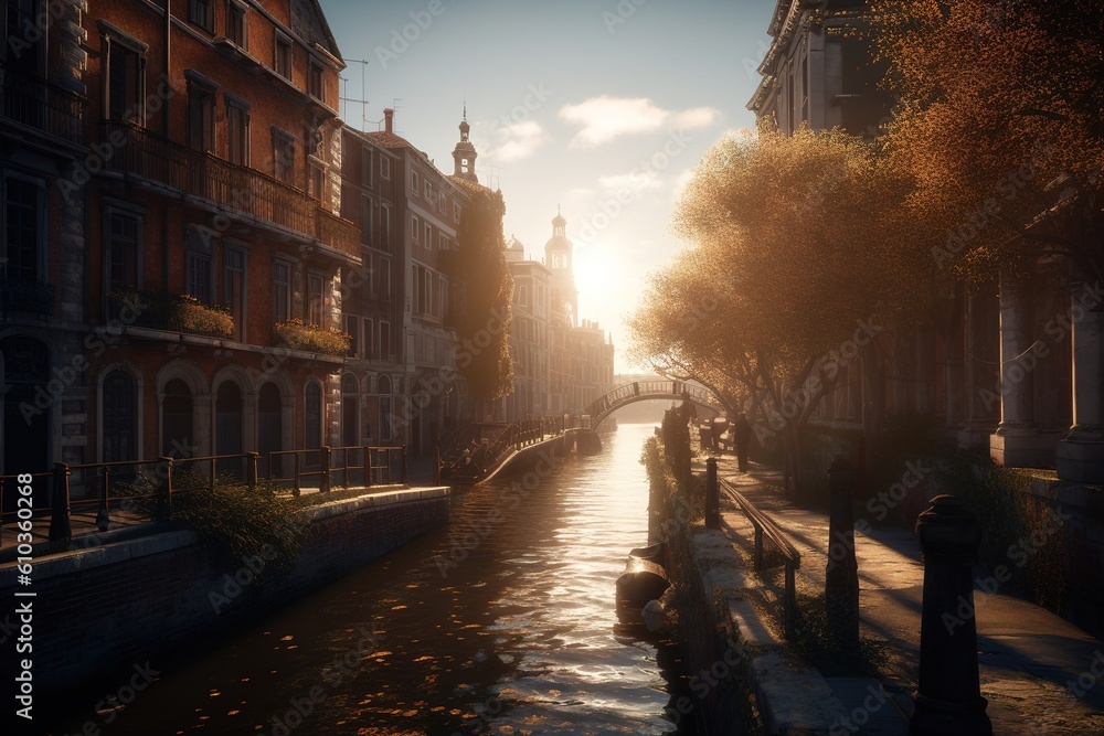 Poster a river that winds its way through a metropolis, passing by several high-rises generative ai