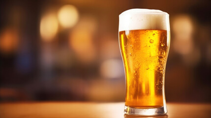 Beer glass on a wooden tabletop with space for copy. Generative AI